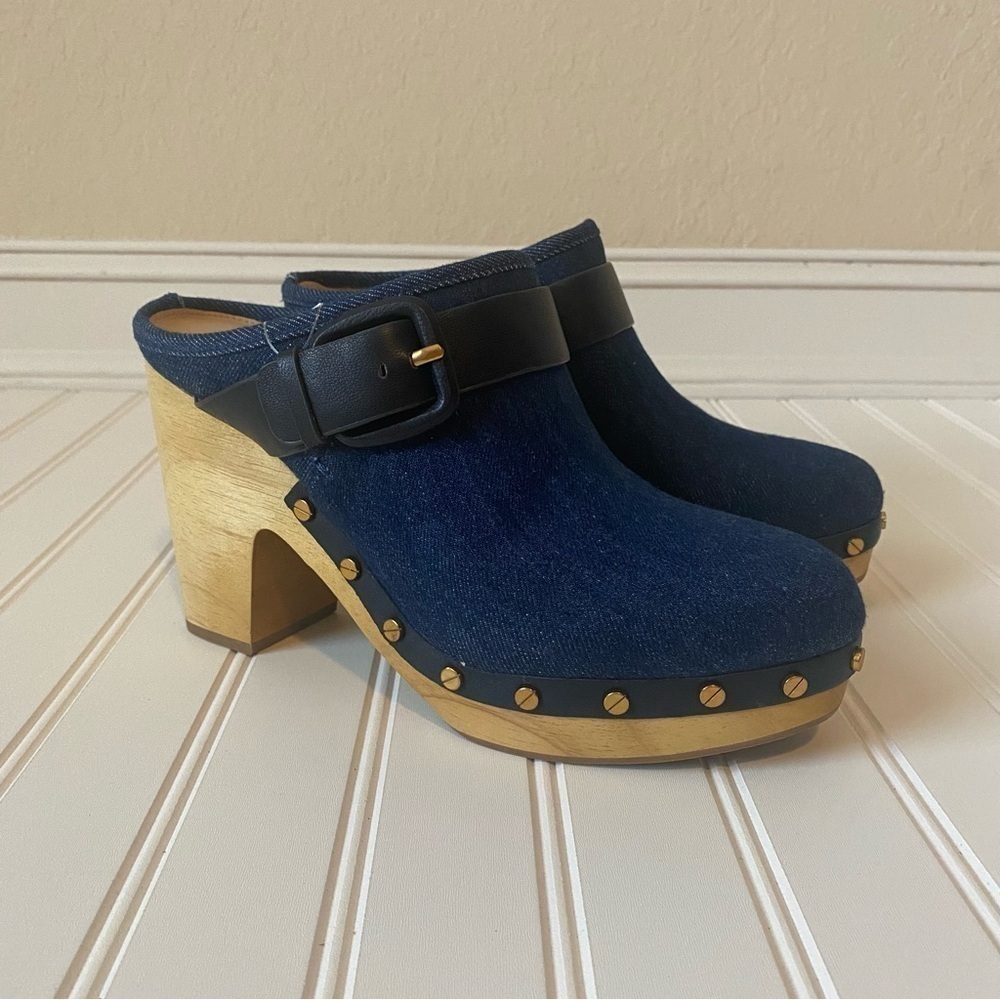 Veronica Beard | Women's Boho Retro Hippie 70s Dacey Denim Buckle Clogs Size 9 - Picture 3 of 8